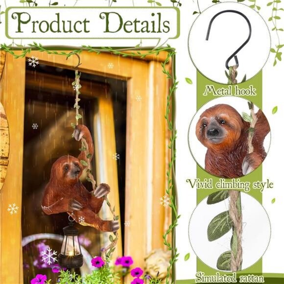Solar Light Outdoor Statues 6.10''H Resin Sloth Climbing On A 24" L Vine Lantern - Picture 3 of 7